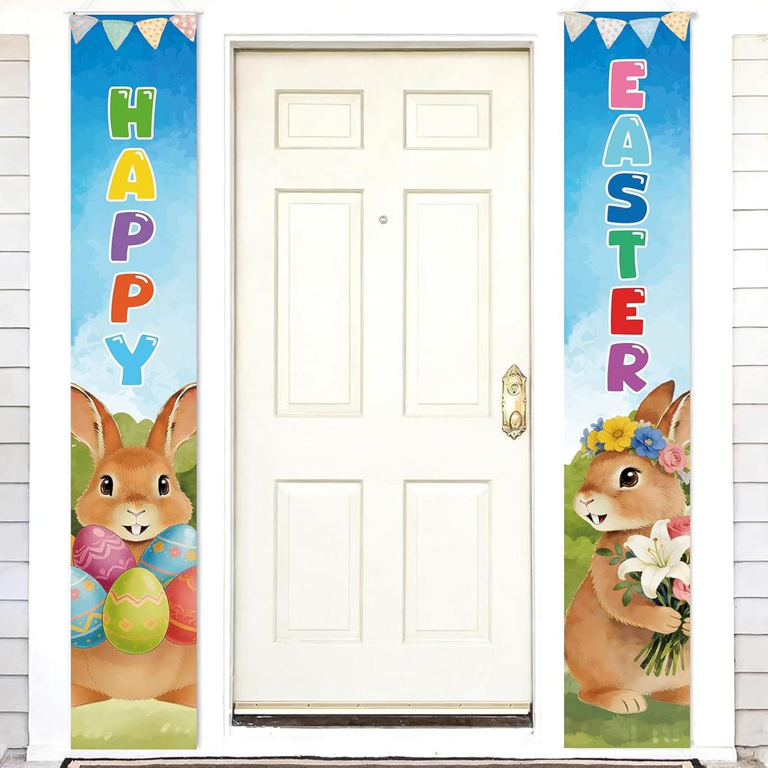 Ladnica Happy Easter Door Banner 2 Pack, 72 x 12 Inch Easter Porch Sign with Bunny Egg Pennant Flag Carrot, Spring Easter Decorations for Front Door Yard Home Indoor Outdoor Party Supplies