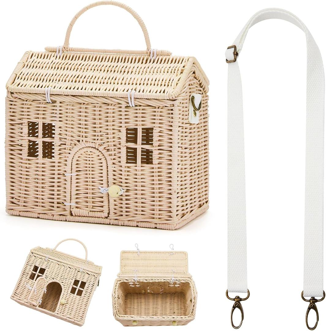 Wettarn Handmade Rattan Doll House Rattan House Shape Shoulder Bag Wicker Basket with Lid for Doll Toys Storage Basket Small Dollhouses Cute Woven Handcrafted Artwork Gift(Wood Color)