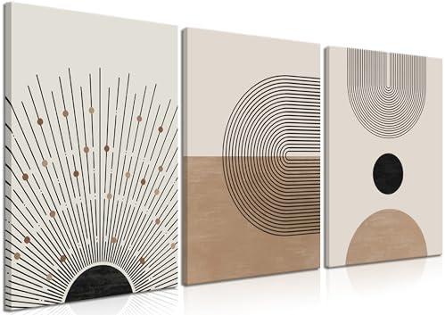 Framed Mid Century Modern Canvas Wall Art Set of 3 Neutral Boho Art Poster Abstract Geometric Prints Picture, Black Beige Minimalist Painting Canvas Artwork for Living Room Bedroom 16x24 Inch
