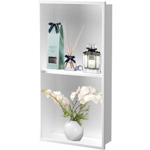 Homevacious 12"24" Stainless Steel Shower Niche No Tile Needed White Double Shelves Bathroom Shelf Rimless Recessed Wall Niche for Bathroom Storage, 12"x24"