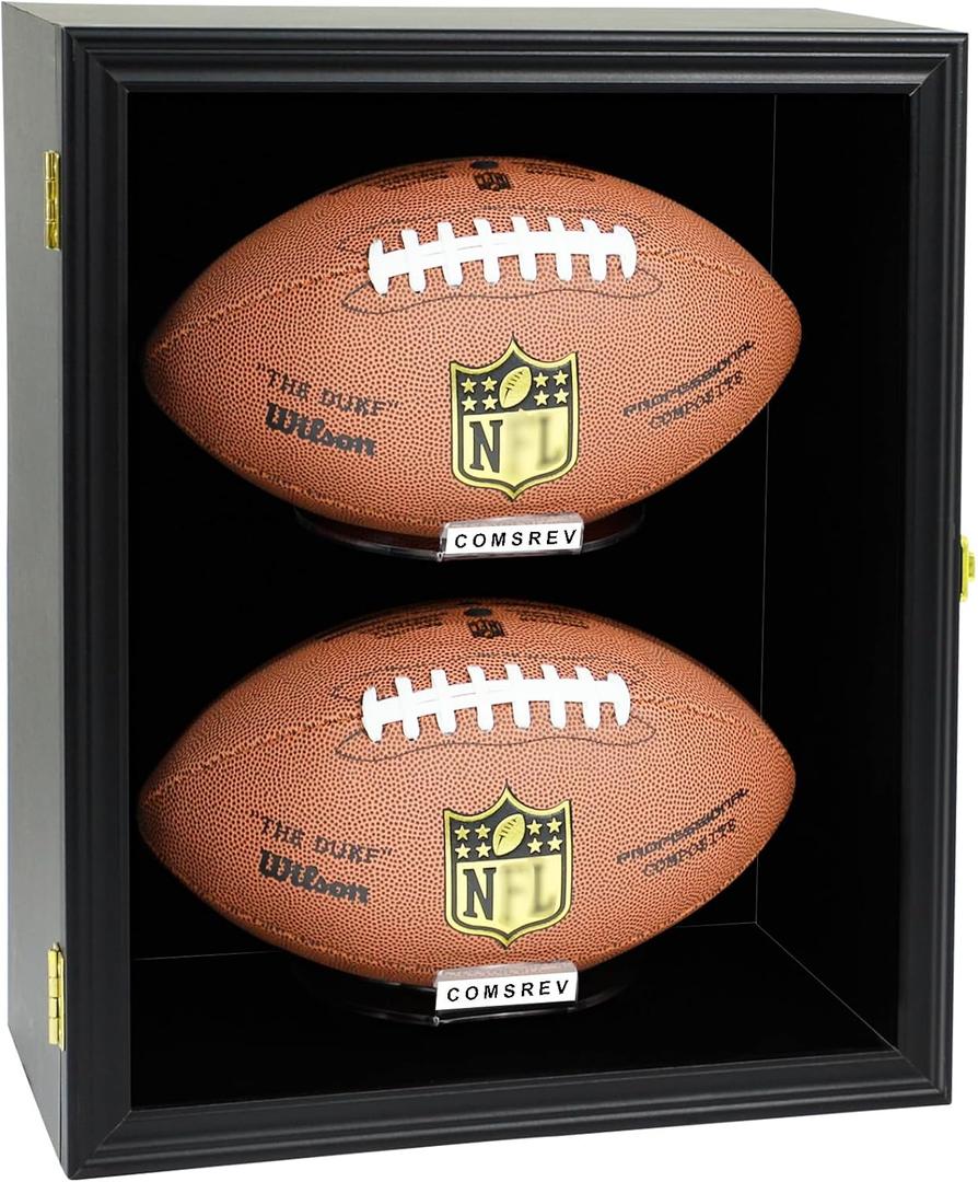 2 Football Case Display Case Wall Mount Full Size Wooden Football Box Memorabilia w/98% UV Acrylic Door Holder Transparent Signed Protective Shelf Black