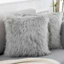 Light Grey Faux Fur Throw Pillow Covers 18x18 Inch Set of 2, Luxury Fluffy Shaggy Plush Cushion Cases for Couch Sofa Bed Living Room Decor, Soft Fuzzy Pillow Covers with Hidden Zipper