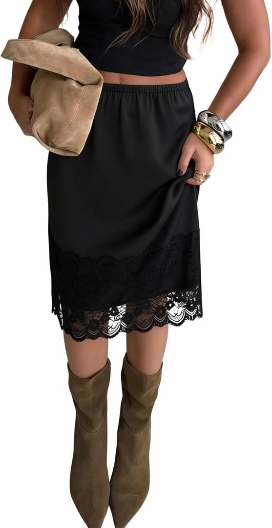 Verdusa Women's Satin Lace Trim Midi Skirt Flowy A Line Elegant Going Out Knee Length Skirts, Small