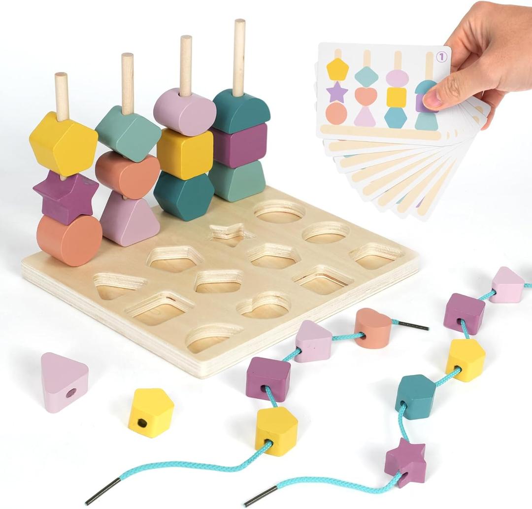 Montessori Toys for 3 Year Old Wooden Color Sorting Stacking Toys, Lacing Beads Montessori Wooden Beads Mastery Kit,Matching Shape Stacker Preschool Learning Toys for Toddler Gift