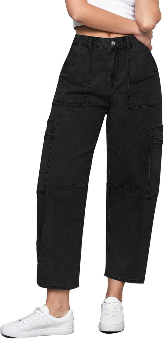 GRAPENT Barrel Jeans for Women Trendy High Waisted Cropped Cargo Pocket Baggy Stretch Denim Pants Wide Leg Tapered Jeans (Medium, True Black)