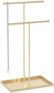 Coward 2 Tier Necklace Stand, Aesthetic Necklace Jewelry Holder, Home Decor Necklace Organizer Stand, Metal Necklace Bracelet Display Rack for Men Women (Gold)