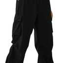 OYOANGLE Women's Plus Size Elastic High Waist Flap Pocket Cargo Pants Streetwear Loose Baggy Trousers with Pocket (XX-Large Plus, Black)