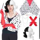 Full Set Women Cruella Cosplay Costume Dalmatian Shawl Black White Coat Dress Up Cosplay with Wig Gloves Necklace Rod
