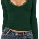 Women Fashionable Sexy Lace Trim V-Neck Long Sleeve Slim Fit T-Shirt Blouse Going Out 2025 Y2k Trendy Fall Crop Tops (Large, Dark Green)