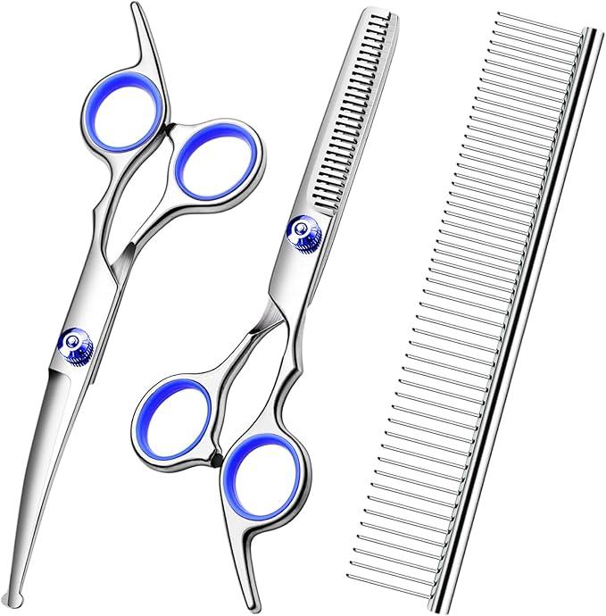 FAIGEO Professional Dog Grooming Scissors Kit, Titanium Coated Dog Scissors for Grooming, Grooming Shears Kit - Straight,Thinning, Curved Scissors and Comb for Dog Cat Pet 2 Pcs