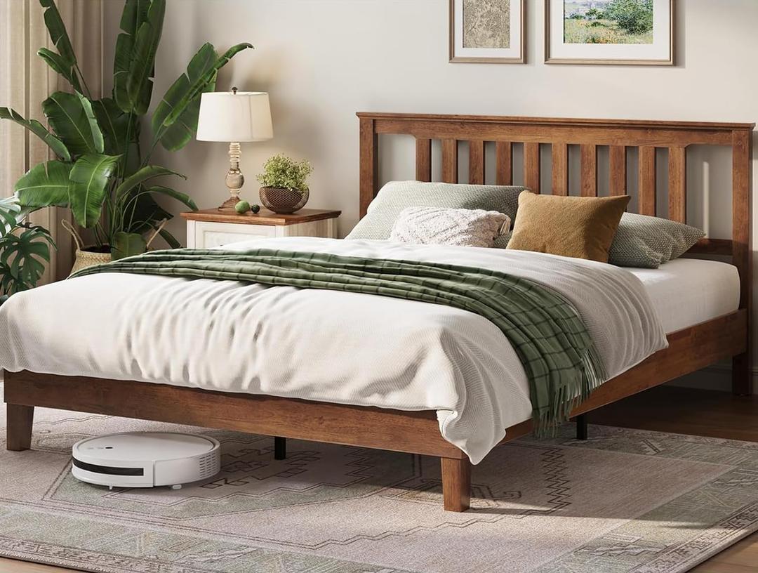 LINSY Solid Wood Bed Frame, Mid Century Modern Bed Frames Full Bedframe Wooden Platform Frame with Headboard and Slat Bases, No Box Spring Needed, Easy Assembly, Antique Walnut