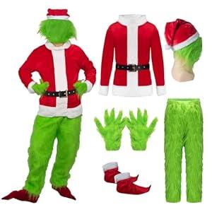 XZCYAMPF 6pcs Green Plush Christmas Monster Costume with Mask Adult Men's Cosplay for Holiday Outfit (Green, M)
