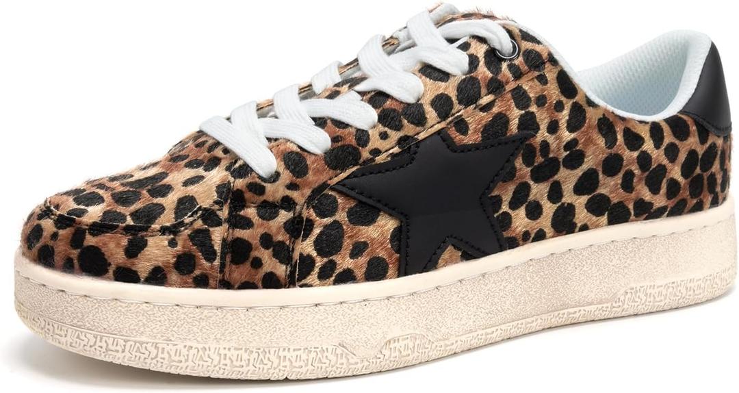 Niluber Star Sneakers for Women Low Top Comfortable Cushioned White Gold Sliver Leopard Platform Sneakers Lace Up Red Glitter Platform Party Shoes (8)