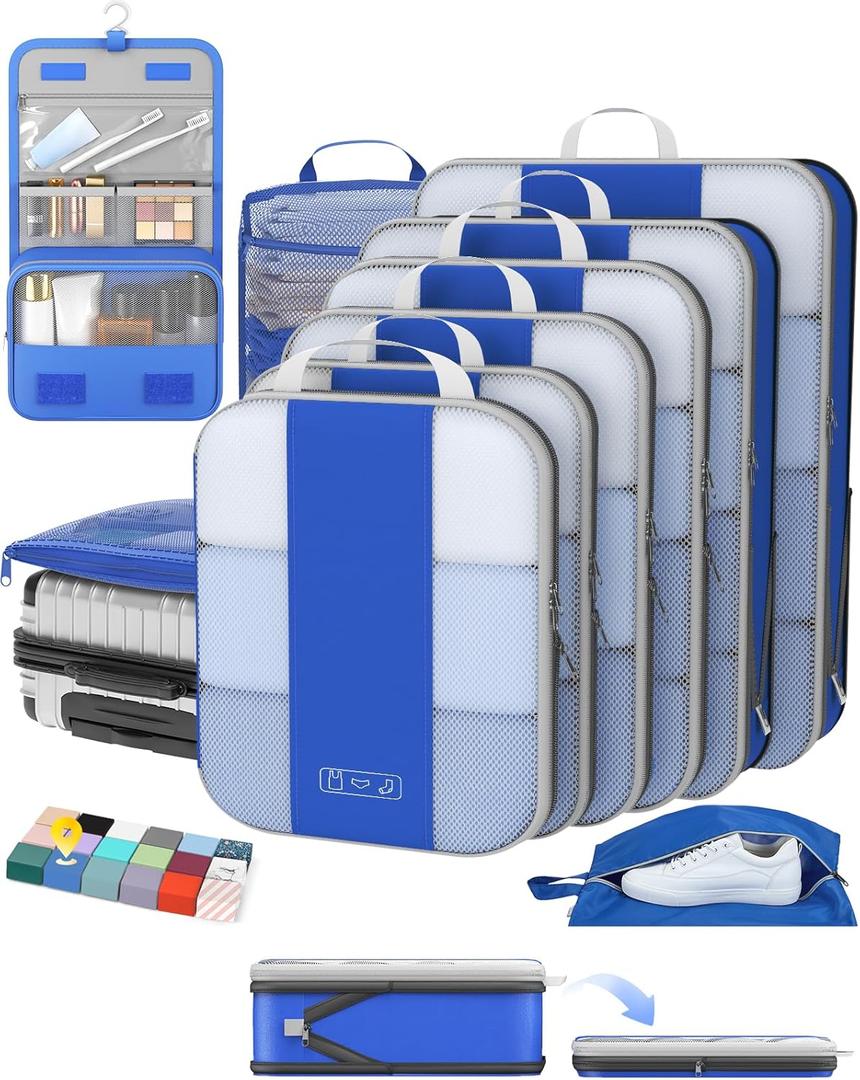 10 Set Compression Packing Cubes for Travel Essentials,Compressible Expandable Packing Cubes for Suitcase,OlarHike Luggage Organizer Bags for Travel,Handy Helper for Organizing Clothes(Klein Blue)