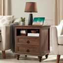 Farmhouse Nightstand with Charging Station, 22" Large End Table with 2 Drawers & Open Shelf, Rustic Wood Square Sofa Side Bedside Table w/4 Solid Wood Feet for Living Room, Bedroom,Walnut
