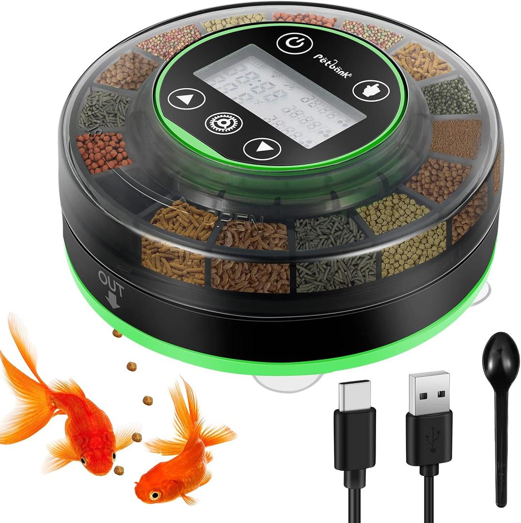 Petbank Automatic Fish Feeder for Aquarium - Moisture-Proof and Precision Feeding Betta Vacation Feeder, USB Rechargeable Auto Fish Food Dispenser with Timer,LCD Display
