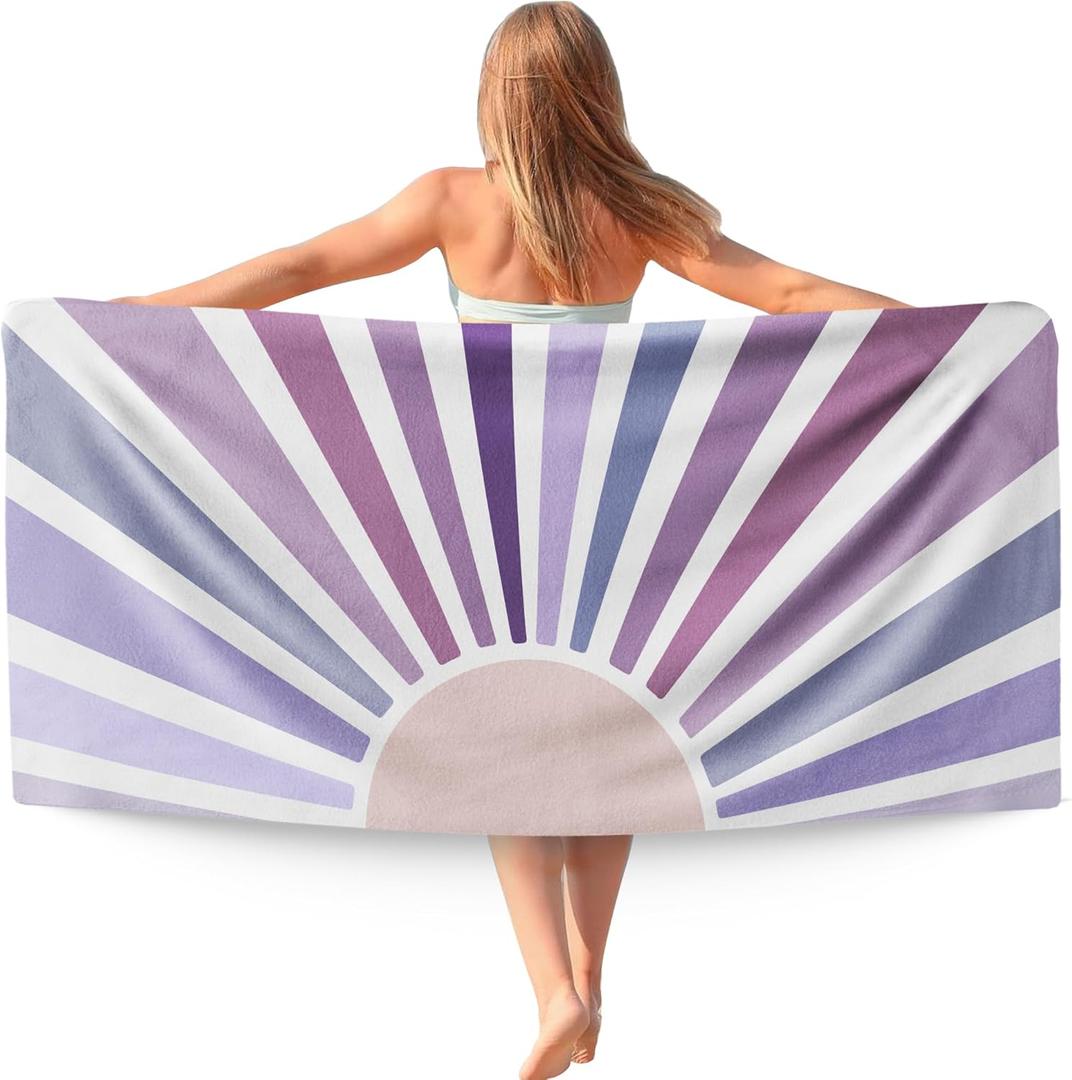 Boho Purple Sun Sunshine Beach Towel, Sunrise Sunset Microfiber Beach Towels Oversized 30x60 Inch for Bathroom, Boho Quick Dry Travel Sand Free Beach Towel Decor for Swimming Pool Camping