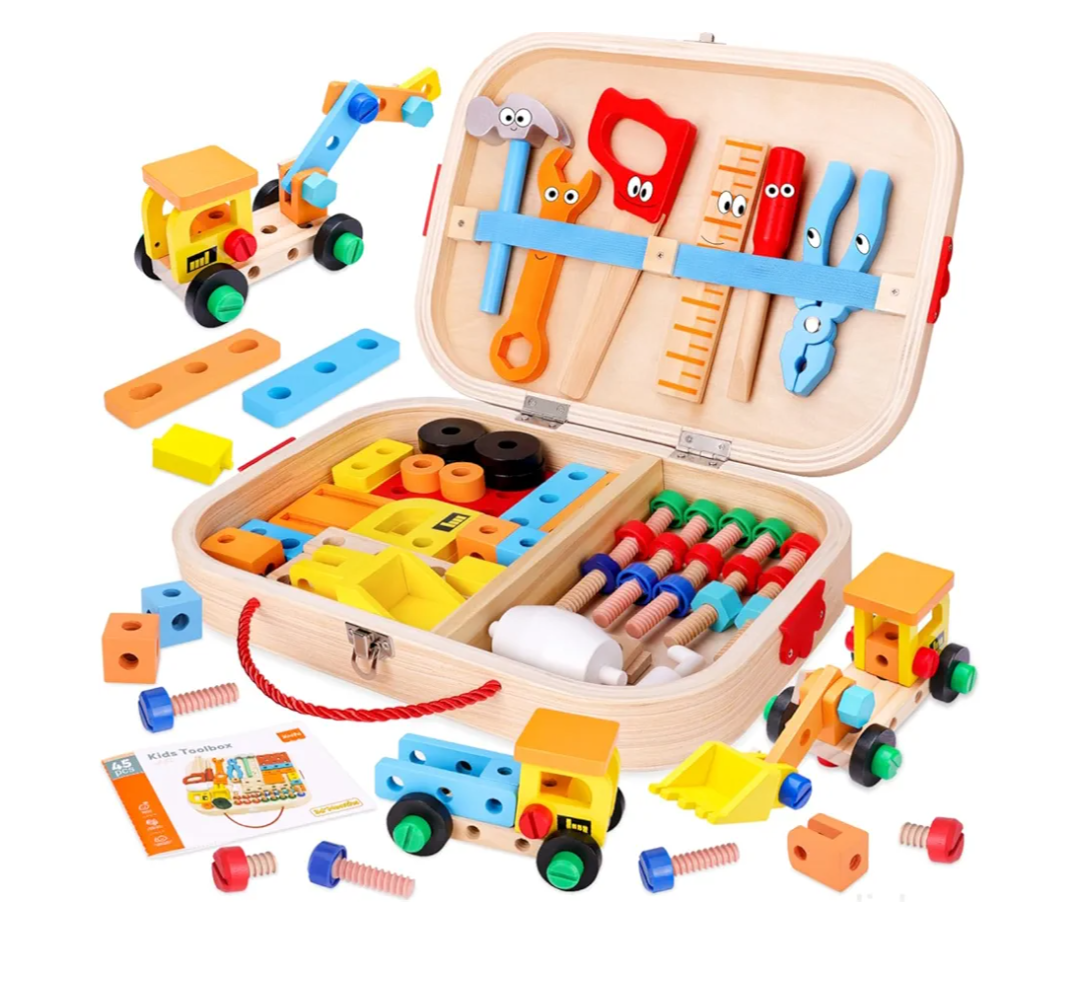 45 Pcs Kids Tool Set, Toddler Tool Set with Tool Box, STEM Construction Preschool Educational Toys for Age 3 4 5 6 7 Boys Girls, Wooden Tool Kits Toys, Christmas Birthday Present for Kids