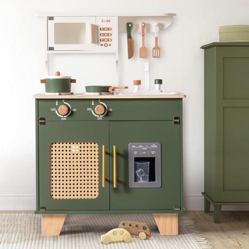 ROBUD Play Kitchen, Kids Kitchen Playset with Pretend Ice Cube Dispenser for Kids Aged 3+, Wooden Toy Kitchen of Birthday Gift to Kids, Vintage Green
