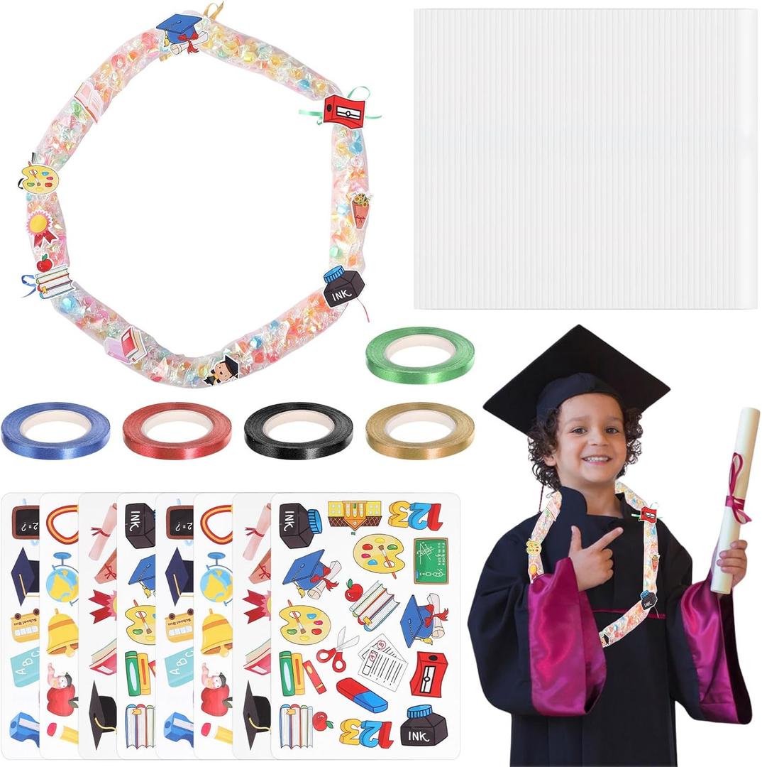 Graduation Candy Lei Making Kit 2025, 50 Pcs Candy Lei Tubing Graduation Paper Stickers with 5 Color Ribbons Candy Lei Netting for Kindergarten Graduation Party Gift (Blue red gold black)