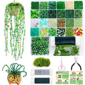 5422 Pcs Beaded Plant Kit Green Glass Beads for Plant Making, Green Beads for Beaded Plants with Video Tutorials, Nature Crystal Glass Leaf Bead for Jewelry Making DIY Craft Kit Plants Lover Gifts