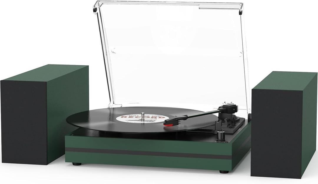 Record Player for Vinyl with External Speakers Belt-Drive Turntables for Vinyl Records Dual Stereo Speakers LP Vinyl Players 3 Speed Wireless AUX-in Headphone Auto Stop Sleek Stylish Matte Green