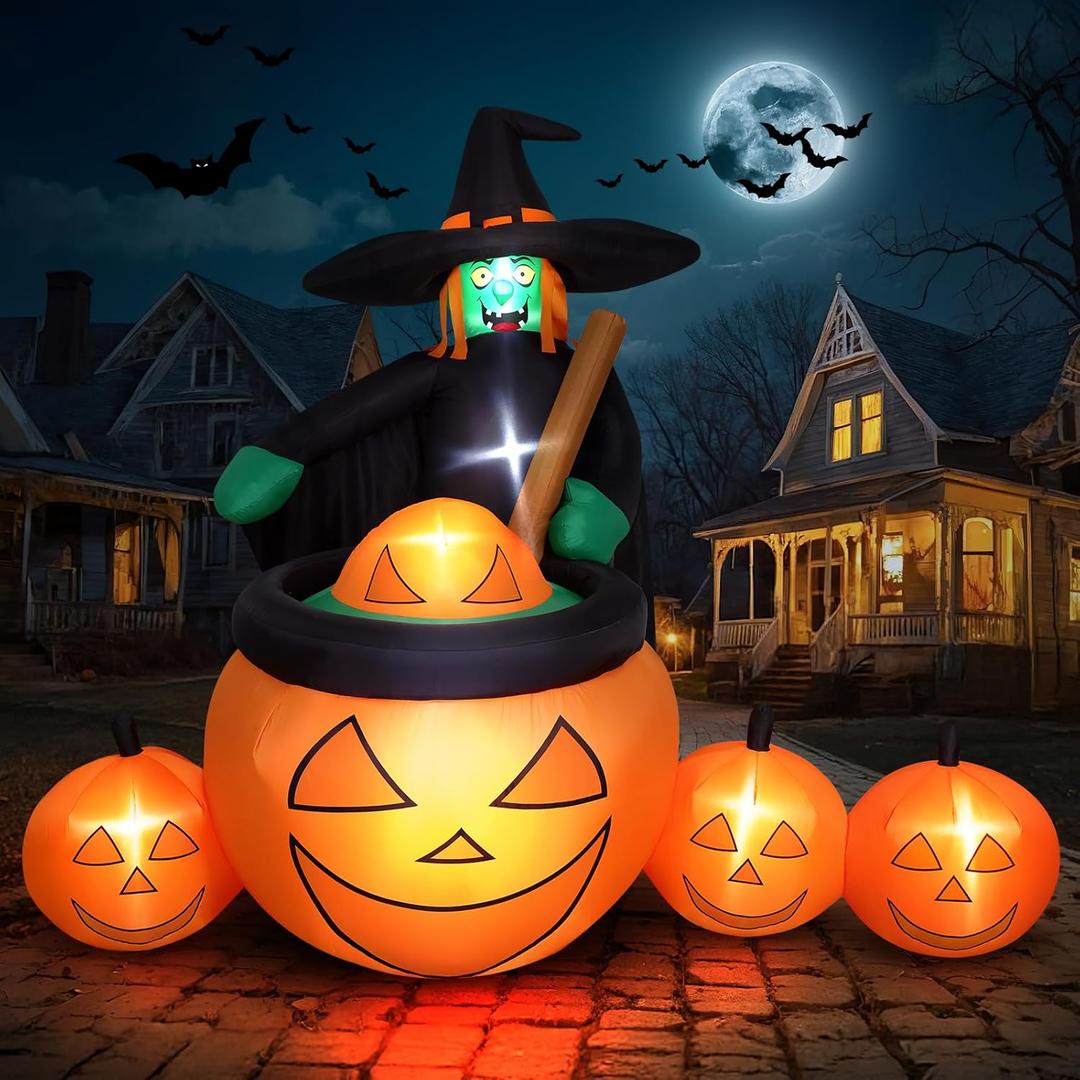 7 FT Tall Halloween Inflatables Witch Pumpkin Pot Outdoor Decorations Blow Up Yard with Built-in LEDs for Lawn Garden Holiday Indoor Party Decor