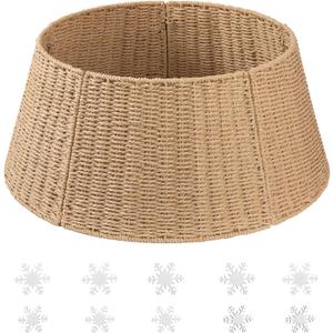 OIAHOMY Christmas Tree Collar, Wicker Holiday Tree Skirt & Stand Base Cover,Paper Rope Christmas Decor, Natural & Snow-24 inch (Large)