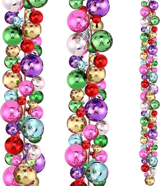 2 Pcs Christmas Balls Garland 6 ft Hanging Ornaments Xmas Balls Decorations with 2 Pcs 10 Feet LED Lights Indoor Outdoor Tree Mantel Wedding Decoration(Colorful)