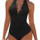AI'MAGE Women's One Piece Swimsuit Tummy Control Halter Ruched Bathing Suits (X-Large, Black)