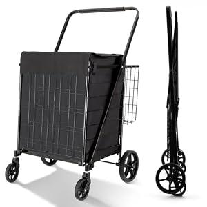 BIEAMA Folding Shopping Cart with Waterproof Liner, Grocery Cart 400 Lb