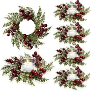Christmas Candle Rings Artificial Red Berries and Pinecones Candle Rings Wreaths Decor Candle Rings for Pillars Rustic Wedding Centerpiece Christmas Table Decoration for Front Door (8 Pieces)