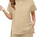 Haloumoning Girls 2 Piece Summer Outfits Kids Short Sleeve T-Shirts and Elastic Waist Shorts Clothing Sets (13-14 Years, Khaki)