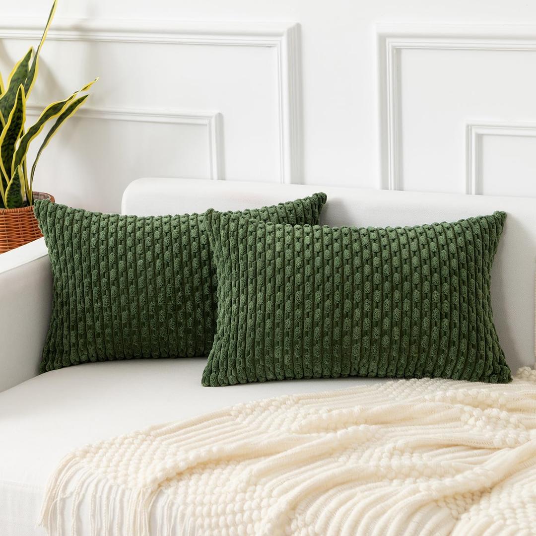 Kevin Textile Spring Throw Pillow Covers Soft Corduroy Decorative Set of 2 Boho Striped Pillow Covers Pillowcases Farmhouse Home Decor for Couch Bed Sofa Living Room 12x20 Inch Moss Green