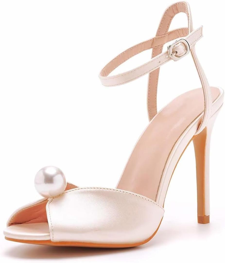 Womens Pearls Wedding Sandals Open Toe Stiletto 4" Heeled Sandals Bridal Pearl High Heels for Evening Party (Pink), Size 3