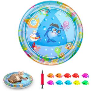 Inflatable Cat Dog Baby Water Mat Toy, [Newly Upgraded, 2 Layers Thickened] Premium Anti-Scratch Leak Proof Mat, with Floating Fish for Indoor Kitten Cats & Kids to Swatting Exercise Hunting (Dolphin)