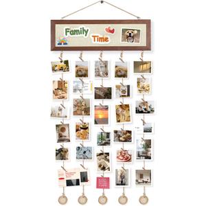 Hanging Photo Display with 30 Clips and Linen Board, Rustic Wood Picture Frames Collage for Wall Decor, Vintage Dorm Room Bedroom Home Decor, Gifts for Women, Teens and Girls (Beige)