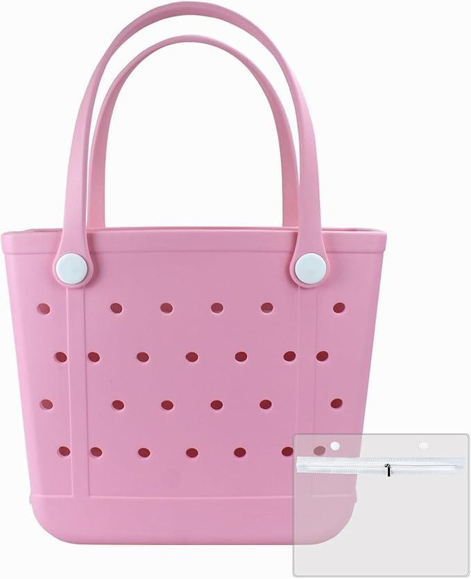 Beach Bag, Rubber Tote Bag, Waterproof Sandproof Washable Tote for Boat Pool Sports Gym Beach Travel (Medium, Pink)