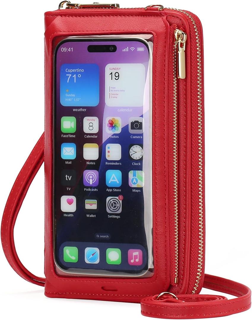 GOIACII Phone Purse Crossbody Bags for Women Small Travel Wallet Touch Screen RFID Blocking (Bright Red)