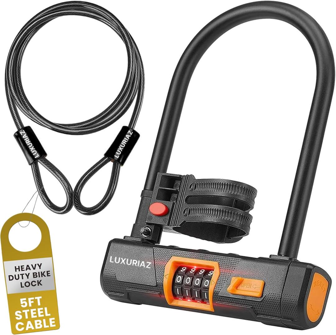 Heavy Duty Bike Lock with 5ft Steel Cable, 4-Digit Resettable Combination U-Lock, Durable Cable Lock for Secure U Lock Bike Protection