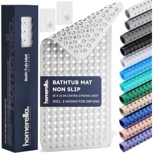 Bathtub Mat Non Slip 35x16 - homerella Bath Mat Incl. Hooks for Drying, Extra Long, 100% BPA Free, Shower Mat Non Slip Anti Mold, Machine Washable, Shower Mats for Inside Shower Mildew Resistant (34.5" x 15.5" (Rectangular), White)