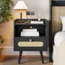 Diamond Dcor End Table, Nightstand with Charging Station, Bedside Table with Solid Wood Legs, Black