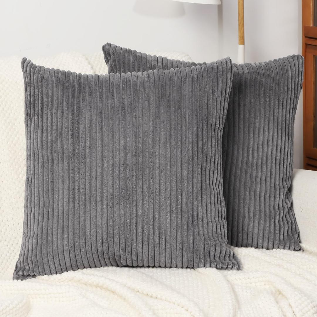 2 Pack Decorative Throw Pillow Covers Grey, 20x20 Inch Soft Corduroy Striped Pillow Cases, Modern Farmhouse Home Decor for Sofa Living Room Couch Bed