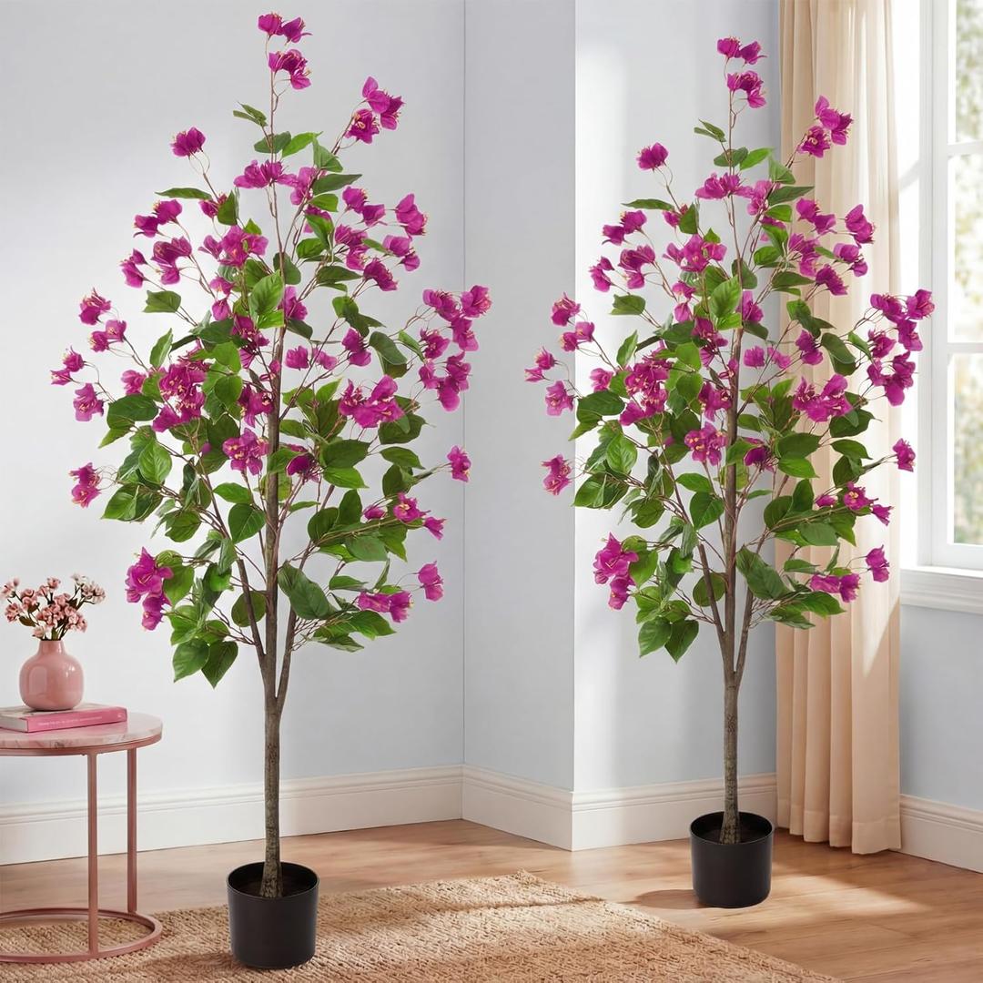 Daifunli 2 Pcs 5 FT Artificial Bougainvillea Trees Fake Bougainvillea Flowers Tree in Pot Tall Lifelike Faux Blooming Tree Large Fake Plants for Outdoor Indoor Office Home Garden Decor(Purple)