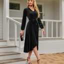 Women's Velvet V Neck Puff Sleeve Dress for Wedding Guest Cocktail Elegant Bodycon Party Midi Dress (Black, XL)