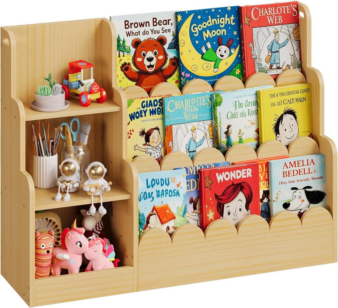 Trironsun 3-Tier Scalloped Kids Bookshelf Montessori Wooden Bookcase with Toy Storage Front Facing Toddler Book Display Organizer for Nursery Playroom and Classroom (Natural Wood), 10.63 x 36.61 x 27.56 inches