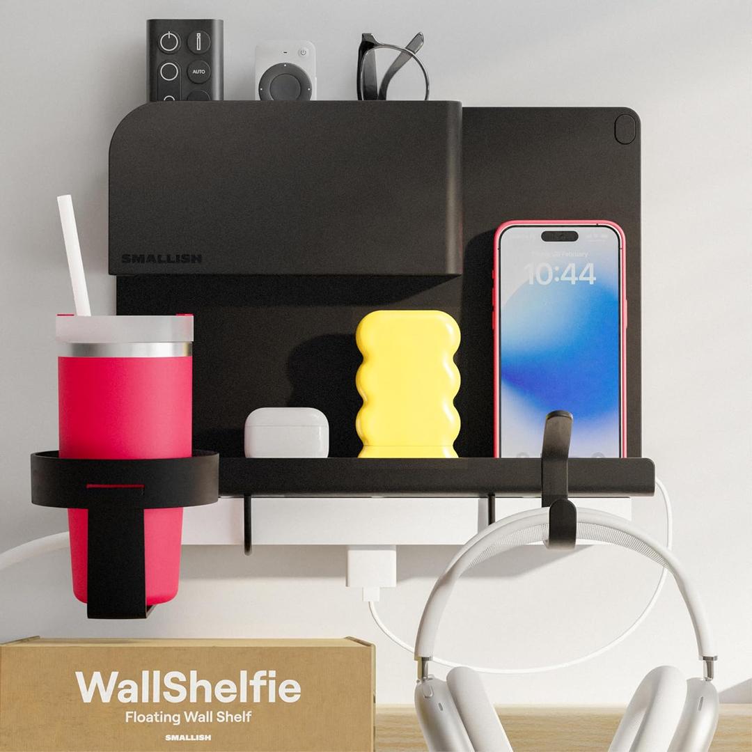 WallShelfie Bedside Wall Organizer & Dorm Decor - Dorm Room Essential, Floating Bedside Shelf Wall Mount Organizer, Remote Control Holder, Cool Teen Girls Trendy Stuff, Room Organization (Black)