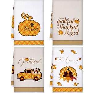 Bencailor 4 Pcs Thanksgiving Kitchen Towels Fall Dish Hand Towels Pumpkin Turkey Tea Washcloths for Thanksgiving Fall Autumn Kitchen Bathroom Decor Gifts(White, Orange,Pumpkin)