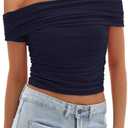 Darong Women Mesh Off The Shoulder Top Short Sleeve Double Lined Ruched Shirts Trendy Going Out Tops Summer Fashion Clothes (Blue, XS)