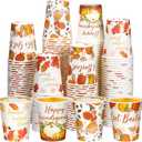 Domensi 200pcs Fall Friendsgiving Disposable Cups 9 oz Autumn Coffee Cups Pumpkin Maple Leaves Paper Thanksgiving Harvest Drinking Accessories for Juice Hot Cold Drinks Coffee